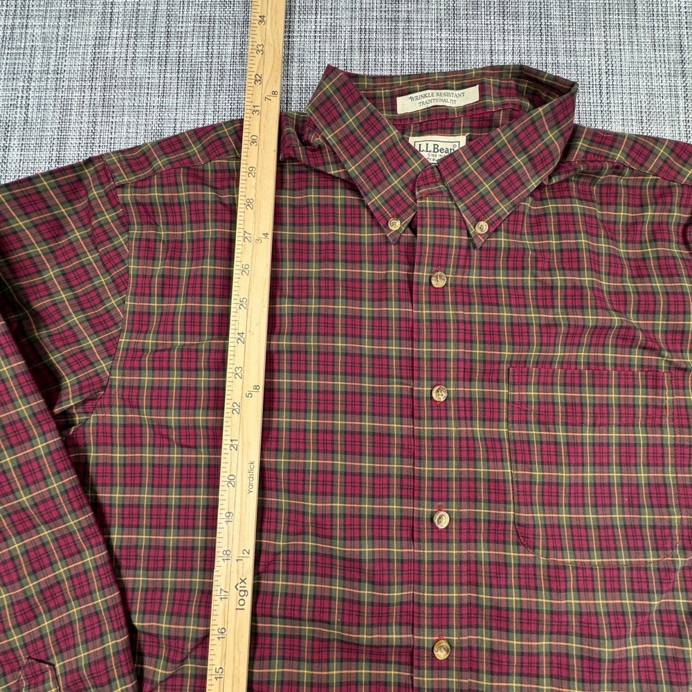 LL Bean Mens Shirt Wrinkle Resistant Traditional Fit Plaid Cotton Burgundy L REG - Picture 4 of 8